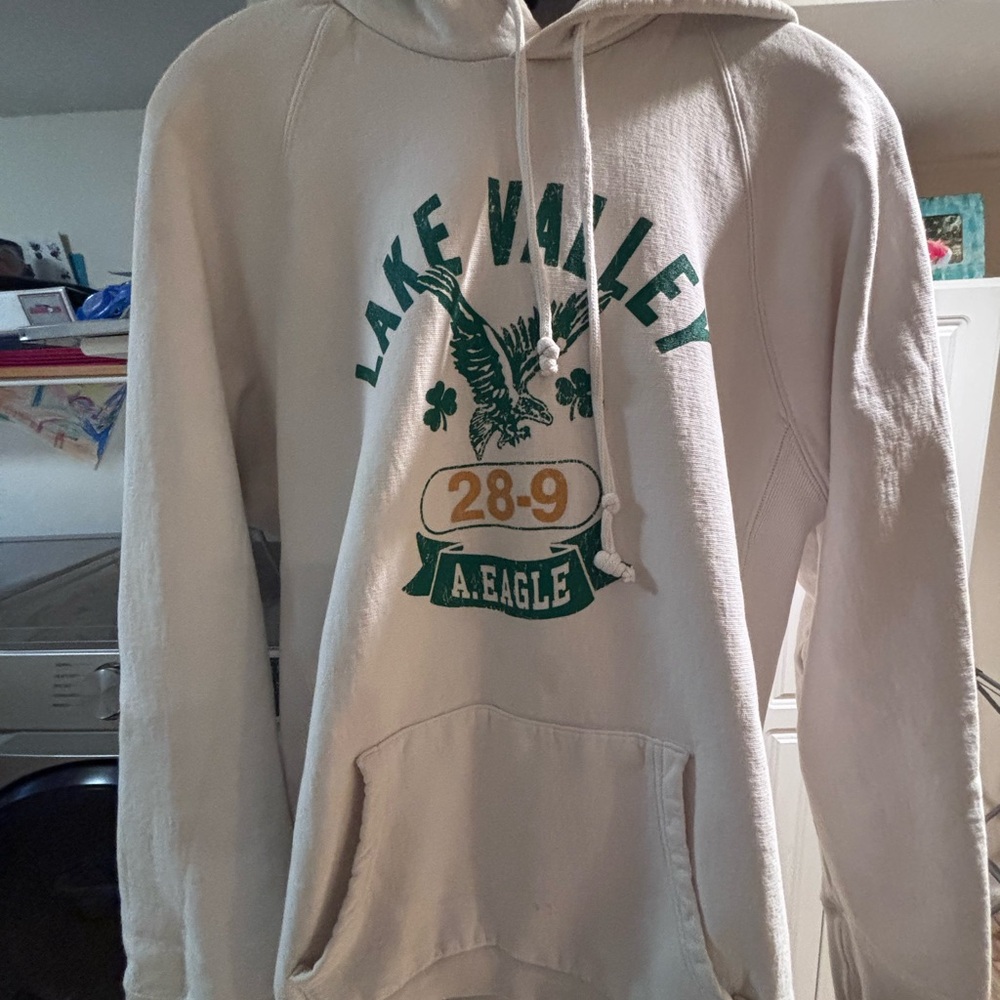 American Eagle Outfitters Cream Hoodie with Green Graphic